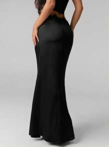 Aloruh Women's Lace Patchwork Bodycon Fishtail Skirt, Black, For Party, Date, Everyday Wear - Black - View 7