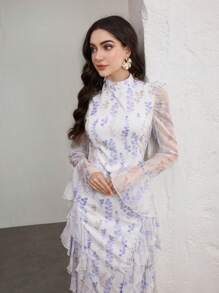 Graceveil Women's Extra Long Floral Print Ruffled Waist Tie Modest Elegant Dress - Multicolor - View 4