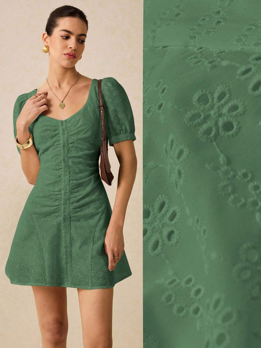 Poéselle Váy ngắn tay bồng thêu họa tiết Batik thường ngày cho nữ - màu xanh lá - Xem 1