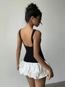 Aloruh Women's Contrast Color Ruffle Hem Mini Dress, Suitable For Party, Date, Daily Wear - Black and White - View 2