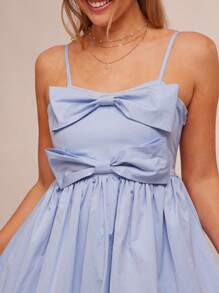 WESTFADE Frühlings Nylon süßer herzförmiger Ausschnitt Schleife Vorderseite Spaghettiträger Bubikragen Mini Kleid Sommer Urlaubsoutfit - Blau - Übersicht 2