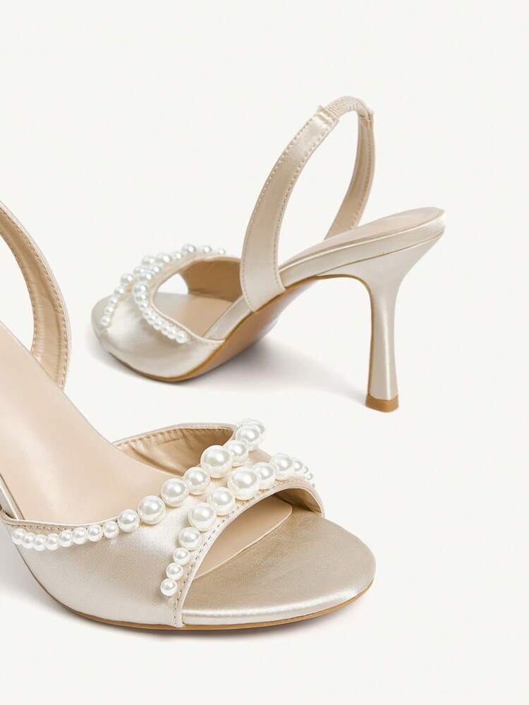 CUCCOO CHICEST New Arrival Summer Women Pearly Round Toe Slim High Heel Sandals, Elegant, Romantic White Satin Bridal, Bridesmaid High Heel Shoes, Fashion Party Formal Wear Suitable For Wedding For Christmas Elegant Shoes Wedding Shoes Summer Shoes Bride Shoes