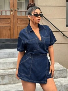 SHEIN ICON Plus Size Mulheres Manga Curta Bolso Casual Denim Jacket