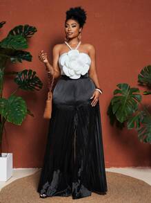 Maweii Tuta elegante con scollo alla halter, motivo floreale, dettagli in perle, ideale per eventi serali, abito da donna taglie comode