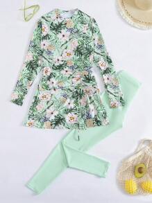 Swim Mulvari Set de 2 piezas de burkini de manga larga casual con estampado de plantas y flores tropicales para mujer, para primavera/verano