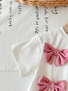 Baby Girl Cute Pink Bowknot Short Sleeve Top And Long Pants 2 Pieces Set, Summer - Multicolor - View 3
