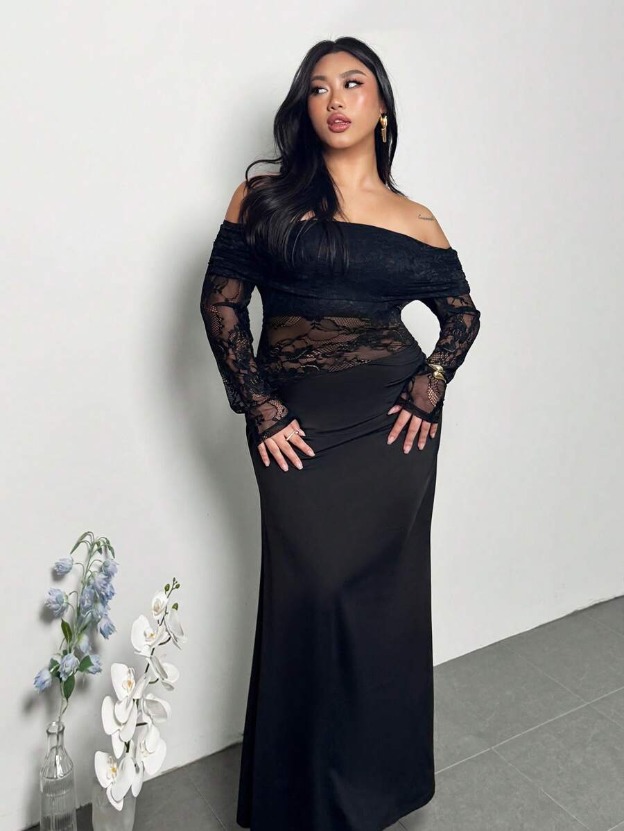 Firerie Plus Size Women's Spring/Summer Casual Elegant Holiday Romantic Travel Beach Lace Splicing Off-Shoulder Textured Mesh Sheer Ruched Sexy Minimalist Fashionable Bodycon Long Sleeve Dress, Slimming, Ins Style - Black - View 1