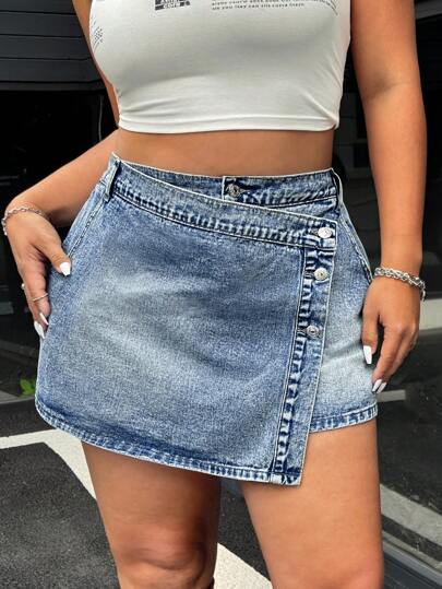 SHEIN ICON Plus Size Women Fashionable Versatile Asymmetric Washed Denim Midi Skirt