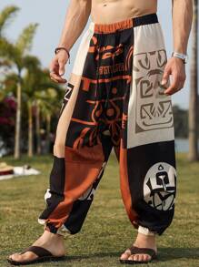 Genlund 男士亚麻印花裤，宽松印花踝带裤，送给男朋友的绝佳礼物，夏季男士图案裤街头潮流男士裤子，秋季 - 彩色 - 查看 5