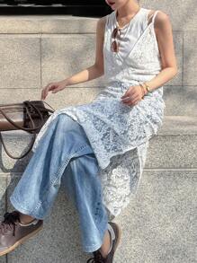 FRIFUL 女士圆领无袖蕾丝连衣裙，夏季度假生日派对长裙 - 白色 - 查看 2