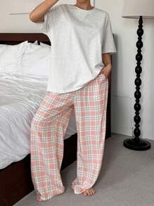 DAZY 宽松格子印花直筒睡衣套装，女士舒适家居服 - 灰色 - 查看 6