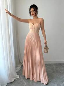 Selianne 女士优雅浪漫褶饰腰部A字下摆无袖连衣裙 - 卡其色 - 查看 6