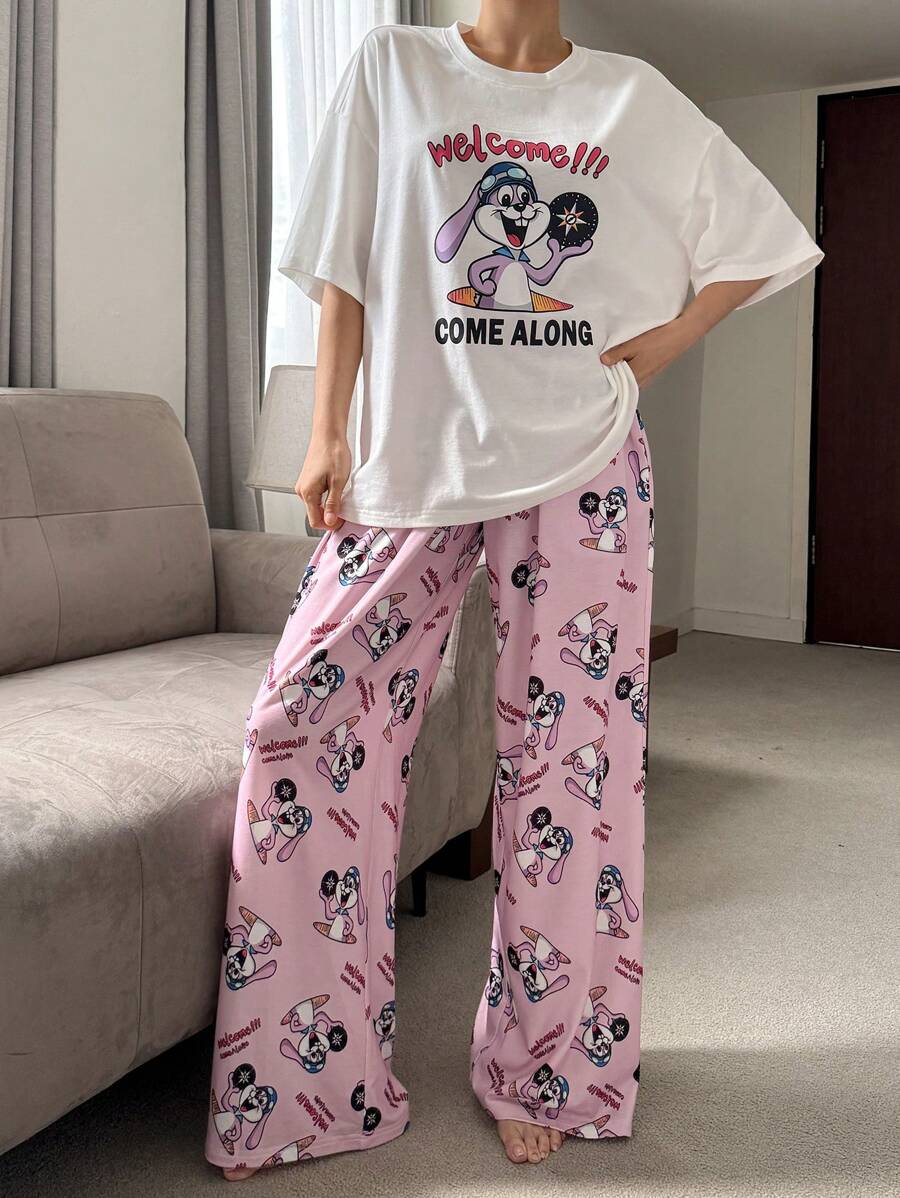DAZY Women Cute Rabbit Print Loose Fit T-Shirt Top And Matching Allover Print Pajama Pants Set - White - View 1