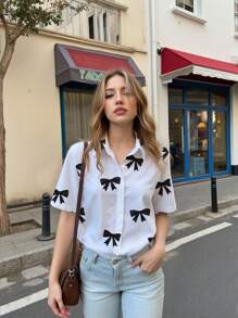 INAWLY 女士休闲蝴蝶印花短袖衬衫，夏季 - 彩色 - 查看 4