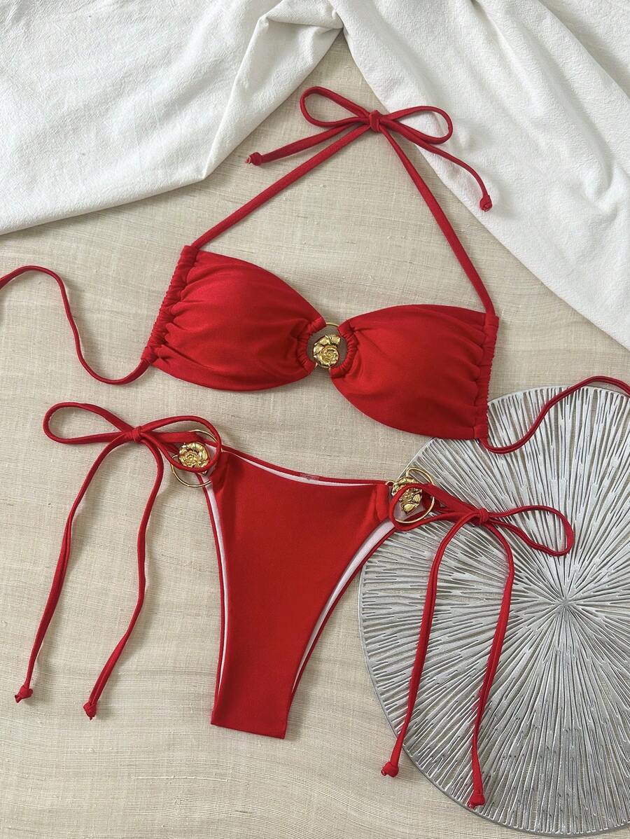 SHEIN Swim Women's Summer 2 Pieces Halter Tie Bikini Set With Shiny Shell Decor, Red - Red - View 1