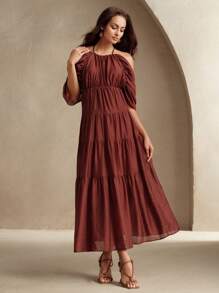 Anewsta Elaire 春夏优雅宽松飘逸褶皱细肩带露肩中长连衣裙，适合度假、节日、海滩 - 酒紅色 - 查看 5