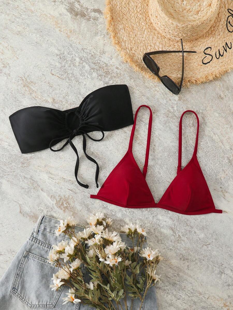 SHEIN Swim 2pcs Women's Triangle Cup Bikini Top Swimwear Set Swimwears And Swimming Trunks, Summer Beach Vacation - Multicolor - View 1