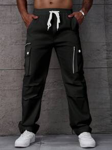 Manfinity LEGND Men Plus Size Zipper Design Straight Loose Casual Cargo Pants, Fall - Black - View 6