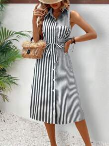 Breezaya Women's Striped Single-Breasted Sleeveless Casual Shirt Dress - Black - View 5