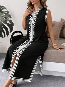 SHEIN LUNE 大码女式简约几何无袖立领长开叉休闲度假春季连衣裙 - 彩色 - 查看 1