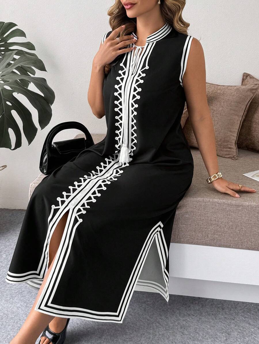 SHEIN LUNE 大码女式简约几何无袖立领长开叉休闲度假春季连衣裙 - 彩色 - 查看 1