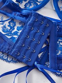 2 piezas Conjunto de lencería transparente con bordado floral sexy para mujeres