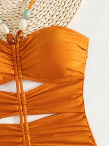 SHEIN Swim 女士夏季新款性感抽绳露背串珠连体泳衣，闪亮材质，适合海滩度假 - 鏽棕色 - 查看 8