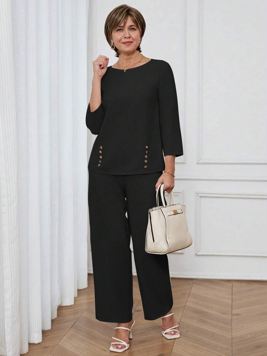 Miaspire Women Casual & Commuter Solid Color Shirt & Pants 2Pcs Set - Black - View 1