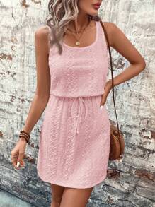 SHEIN LUNE White Knit Jacquard Hollow Out Women's Dress,Summer Dresses For Women