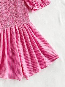 Soleia Blue & White Plaid Ruched Puff Sleeve Casual Vacation Collared Romper For Women, Summer - Pink - View 6