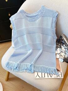Franclia Casual Textured Patchwork Shell Trim Fringed Hem Knit Tank Top For Women, Sky Blue, Spring/Summer - Baby Blue - View 3