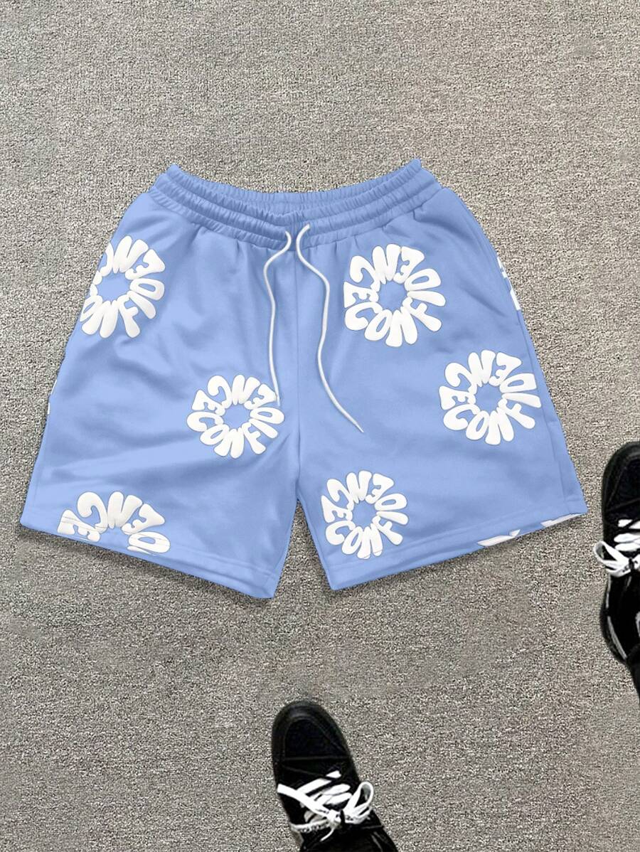 Manfinity EMRG Men's Letter Print Drawstring Waist Casual Versatile Shorts - Baby Blue - View 1