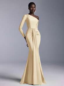 Elitara Elegant Luxury Elastic Knit Swimsuit Ruched Long Sleeve Mermaid Tail Dress, Suitable For Weddings, Bachlorette Parties, Vacation, Prom, Bridesmaids Dress (Adult) - Yellow - View 4