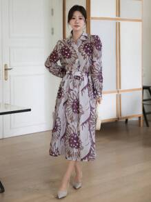 DAZY 女士全印花泡泡袖衬衫半裙套装（2件套），秋季女装度假装 - 棕色 - 查看 5