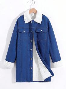 SHEIN 男童休闲中长款保暖内衬复合面料加厚保暖梭织翻领大衣 - 藍色 - 查看 6