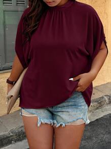 EMERY ROSE Camisa casual de mujer talla grande de unicolor con cuello alto y mangas tipo murciélago - Burdeos - Ver 5