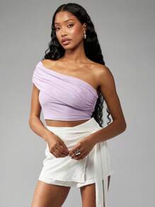 MISSGUIDED Einsschultriges gerafftes Crop Top aus Stretchnetz für Party, Club, Nachtausgang, Sommer, Lässig, Abend, Mode, ärmelloses Grundlagen-Essentiell, leicht, Festival - Violett - Übersicht 1
