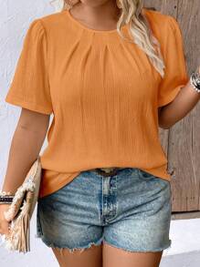 SHEIN LUNE Plus Size Simple Casual Solid Color Pleated Crew Neck Short Sleeve Shirt, Summer - Orange - View 1