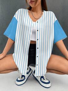 SHEIN EZwear 可爱兔子、狐狸、老虎、小狗卡通图案棒球风格拼色运动夹克，女式宽松前开短袖衬衫，适合夏季和运动季节 - 彩色 - 查看 2