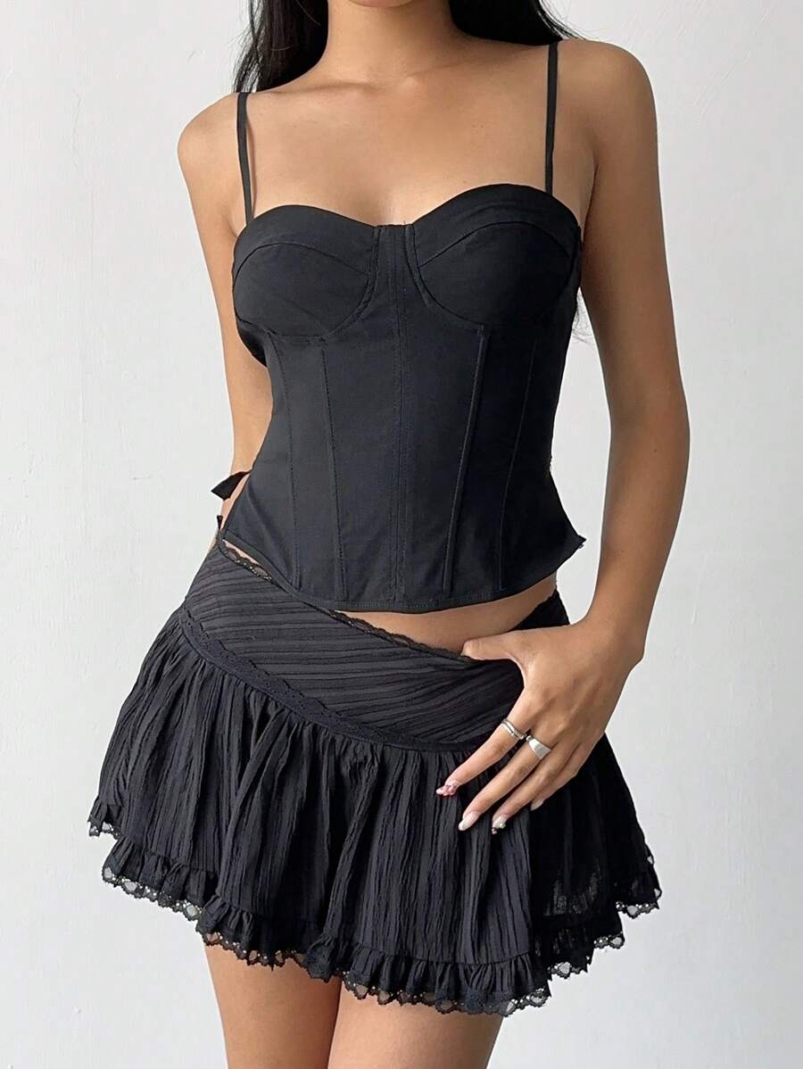 Aloruh Women's Solid Color Lace Patchwork Side Zipper Casual Summer Skirt - Black - View 1