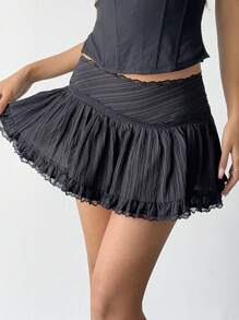 Aloruh Women's Solid Color Lace Patchwork Side Zipper Casual Summer Skirt - Black - View 4