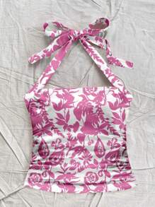 Soleia Women's Resort Halter Neck Pink Knit Textured Slim-Fit Tank Top, Suitable For Summer - Pink - View 4