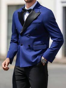 Manfinity Mode Men's Solid Color Suit Jacket, Fashionable For Summer - Navy Blue - View 1