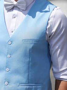 Manfinity Mode Men's Solid V-Neck Front Button Vest & Pockets Shorts Suit Set - Baby Blue - View 4