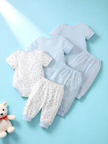 SHEIN Playful Pals Bộ 6 món cho bé sơ sinh, kiểu dáng thường ngày, kẻ sọc và họa tiết ngôi sao, cổ tròn, tay ngắn, áo liền quần và quần, chất liệu vải dệt kim thoải mái, phù hợp cho hoạt động ngoài trời và mặc hàng ngày, dành cho bé từ 0-9 tháng tuổi. - Xanh và trắng - Xem 2