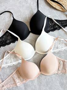 NudeFit 3pcs Women Elegant Solid Color Lace Patchwork Lingerie Bra Set For Everyday Wear Casual - Multicolor - View 6