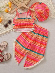 2pcs Set: Young Girls Summer Pattern Digital Print Soft Cami Top With Fringe Trim And Elastic Waist Asymmetrical Hem Flare Leg Pants Set. Getaway, Holiday, Travel, Relax, Sunbathing, Summer - Red - View 2