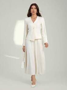 SHEIN Tall 新年女式纯色长袖单排扣夹克和长款喇叭下摆裙优雅两件套，秋季 - 杏色 - 查看 4