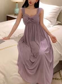 DAZY Women's Romantic Mesh Lace Splicing Ruched Design Slip Nightgown Pajama - Purple - View 3