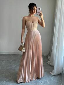 Selianne 女士优雅浪漫褶饰腰部A字下摆无袖连衣裙 - 卡其色 - 查看 3